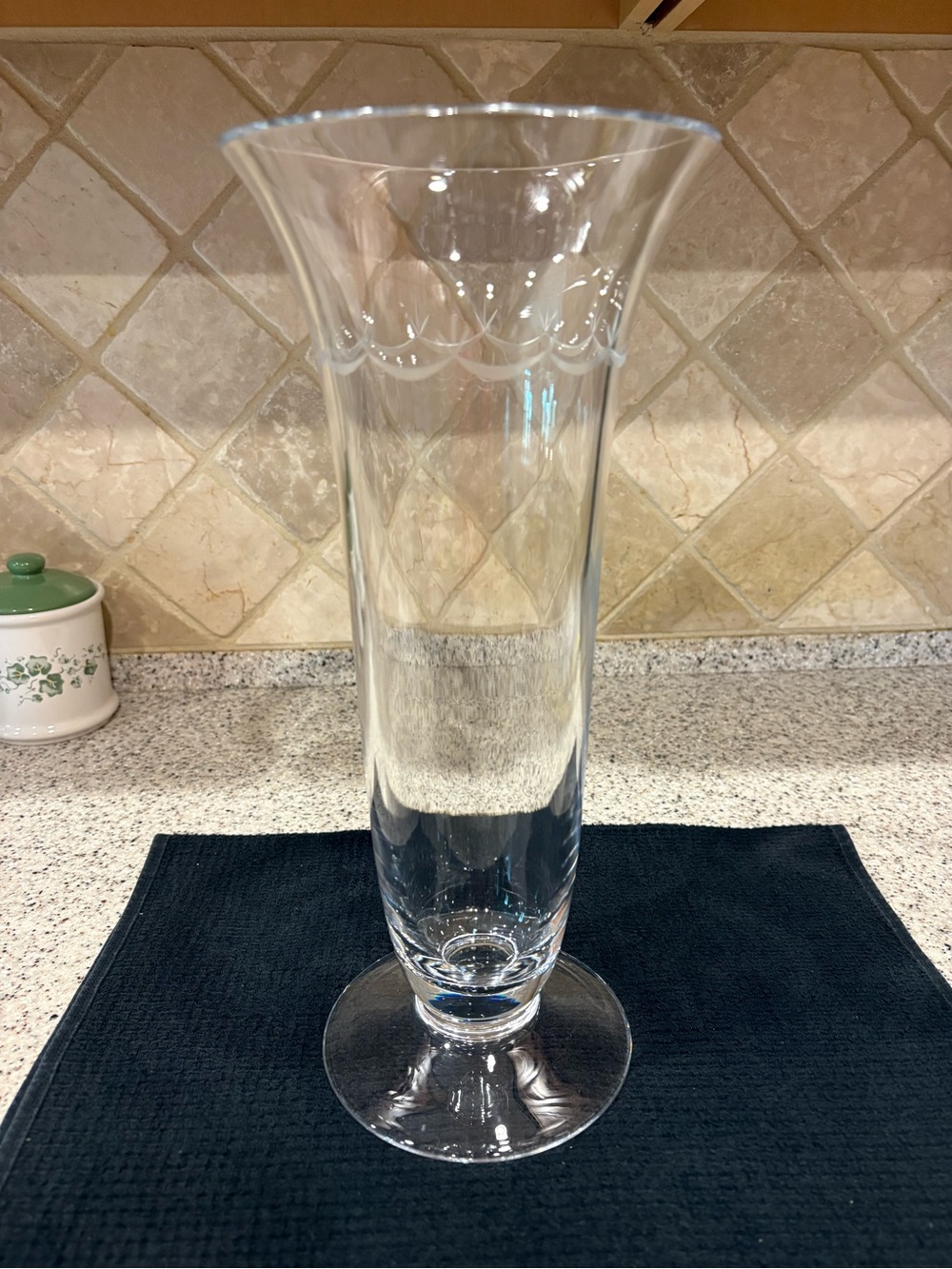 Clear Etched Glass Pedestal Trumpet Vase